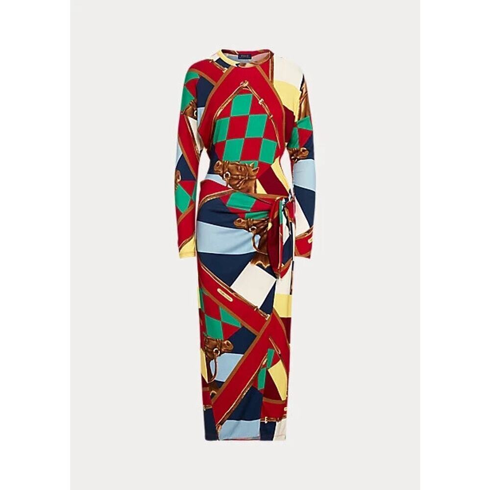 NWT Polo Ralph Lauren Scarf-Print Long-Sleeve Wrap Maxi Dress Sz S Red #2H461 - Picture 3 of 10